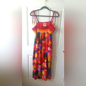 Farm Rio sundress cover-up XS S M crochet and beaded tassles